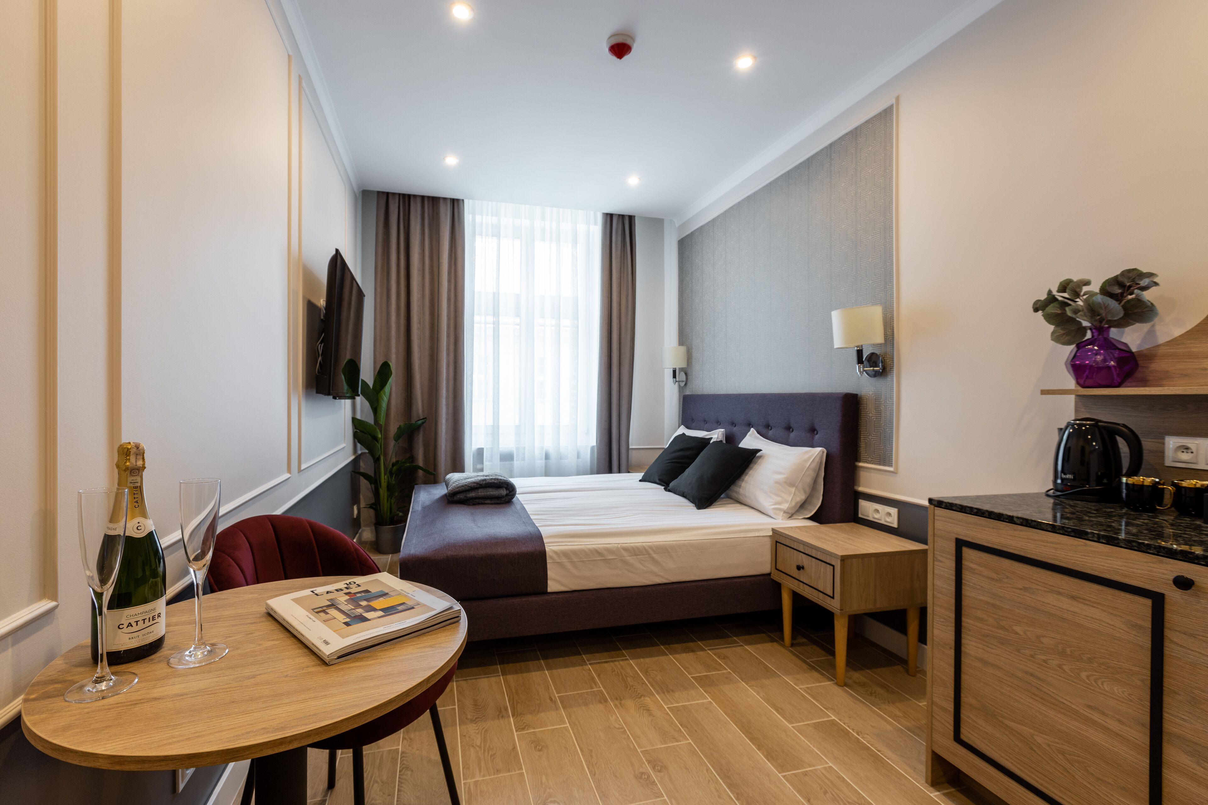 A hotel room with a bed, bedside table, a small desk with a chair, a dining table, and a plant.