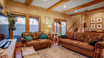 智能电视、壁炉、书、音乐库