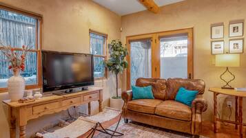 智能电视、壁炉、书、音乐库