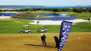 A golf course with a water hazard, a flag, and a golf cart. - Ellefsen Golf Suite 115, Langebaan 4-Sleeper (Langebaan)