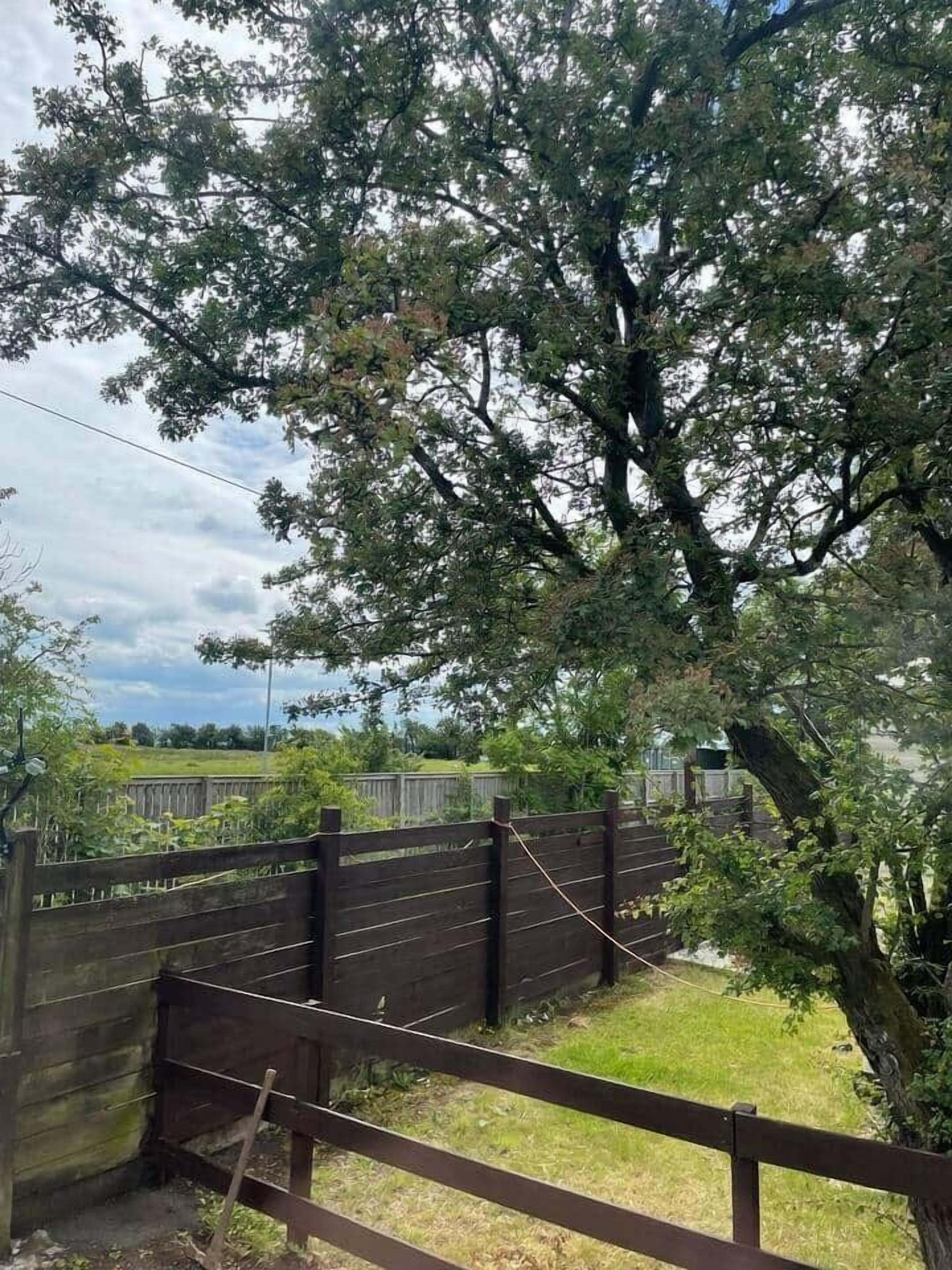 A fenced outdoor area with a wooden gate, surrounded by trees and a grassy field.
