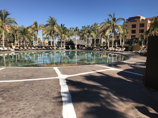 Un espace piscine avec des chaises longues et des palmiers.