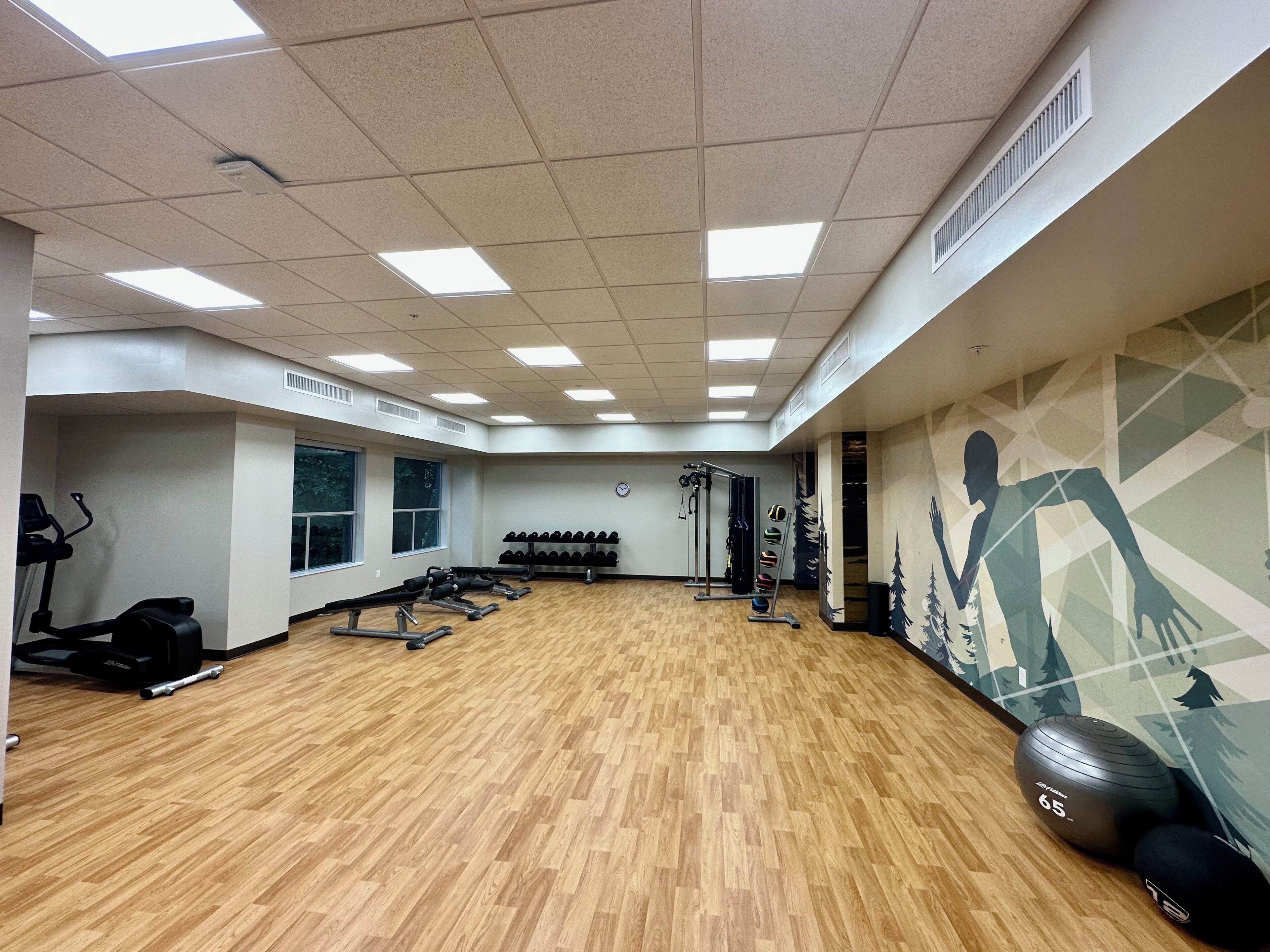 A gym with exercise equipment, large windows, and a mural on the wall.