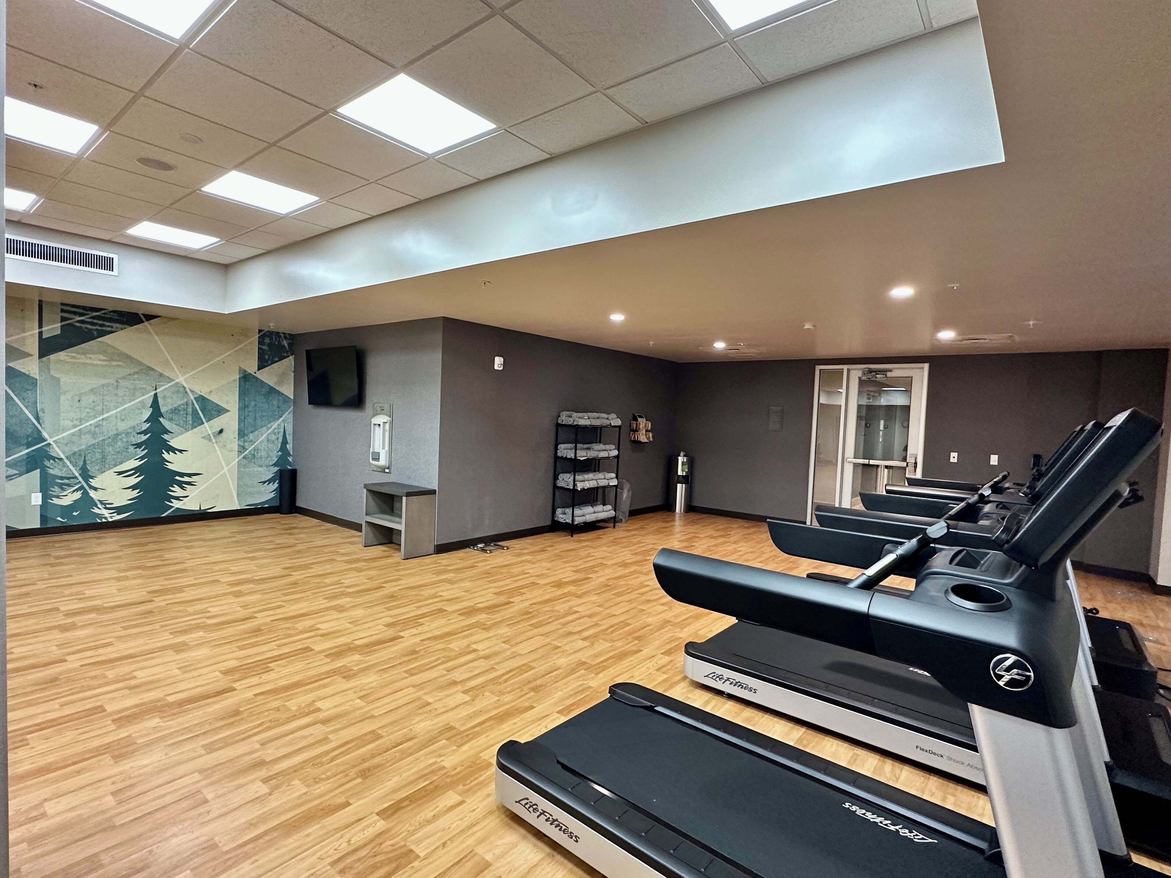Une salle de sport équipée de tapis de course, dotée d’un mur recouvert de miroirs et d’un plancher en bois.