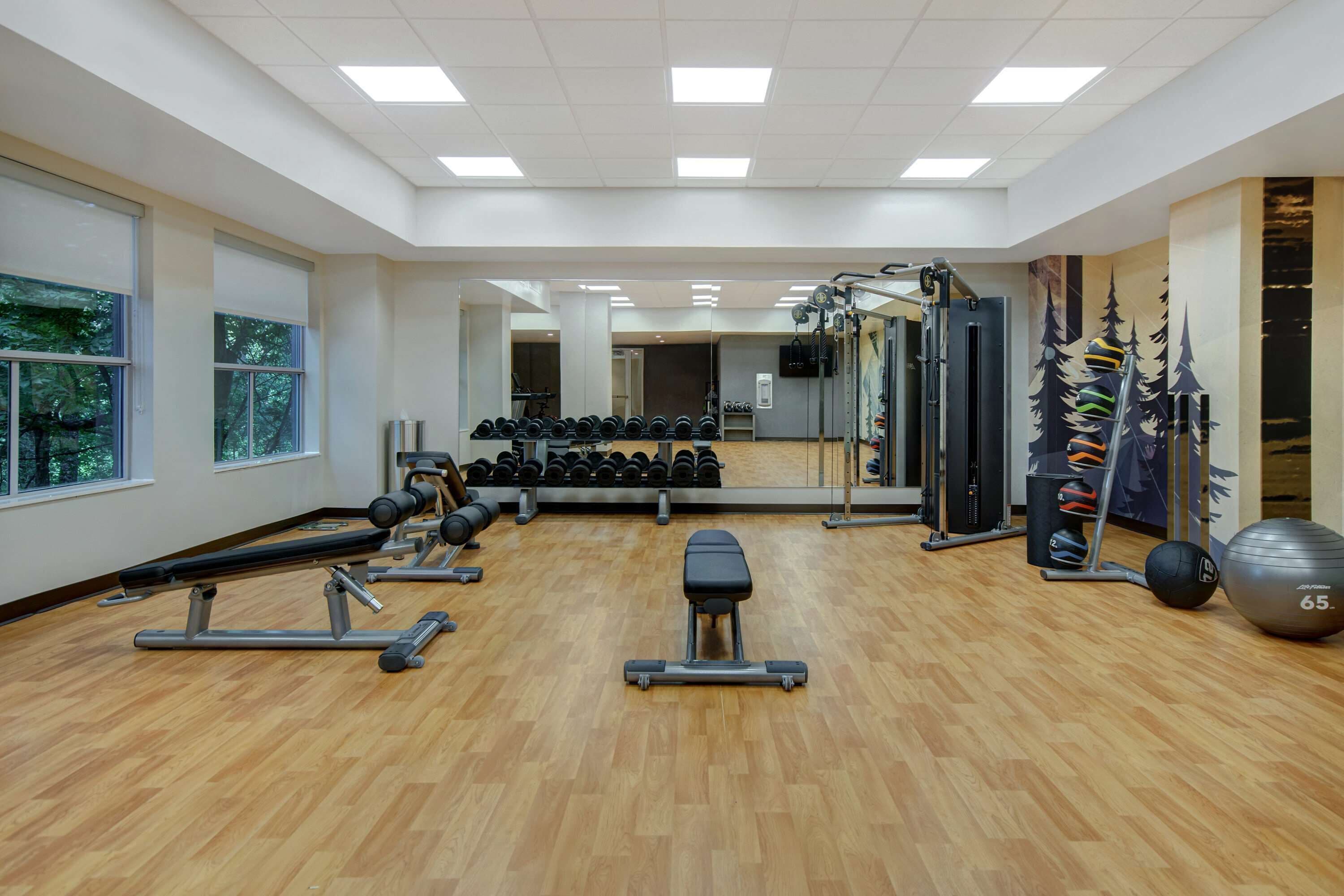 A gym with exercise equipment, a bench, dumbbells, and a large mirror.