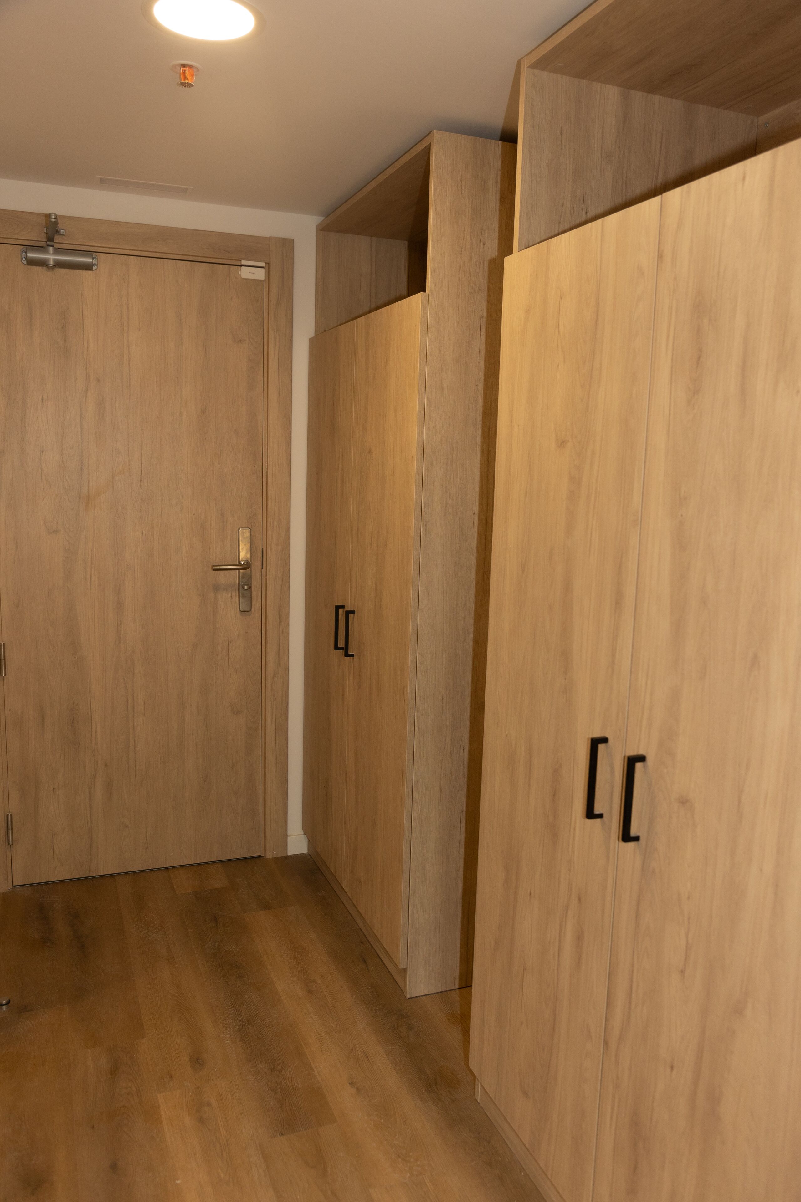 A hallway with wooden wardrobes and a door with a handle.