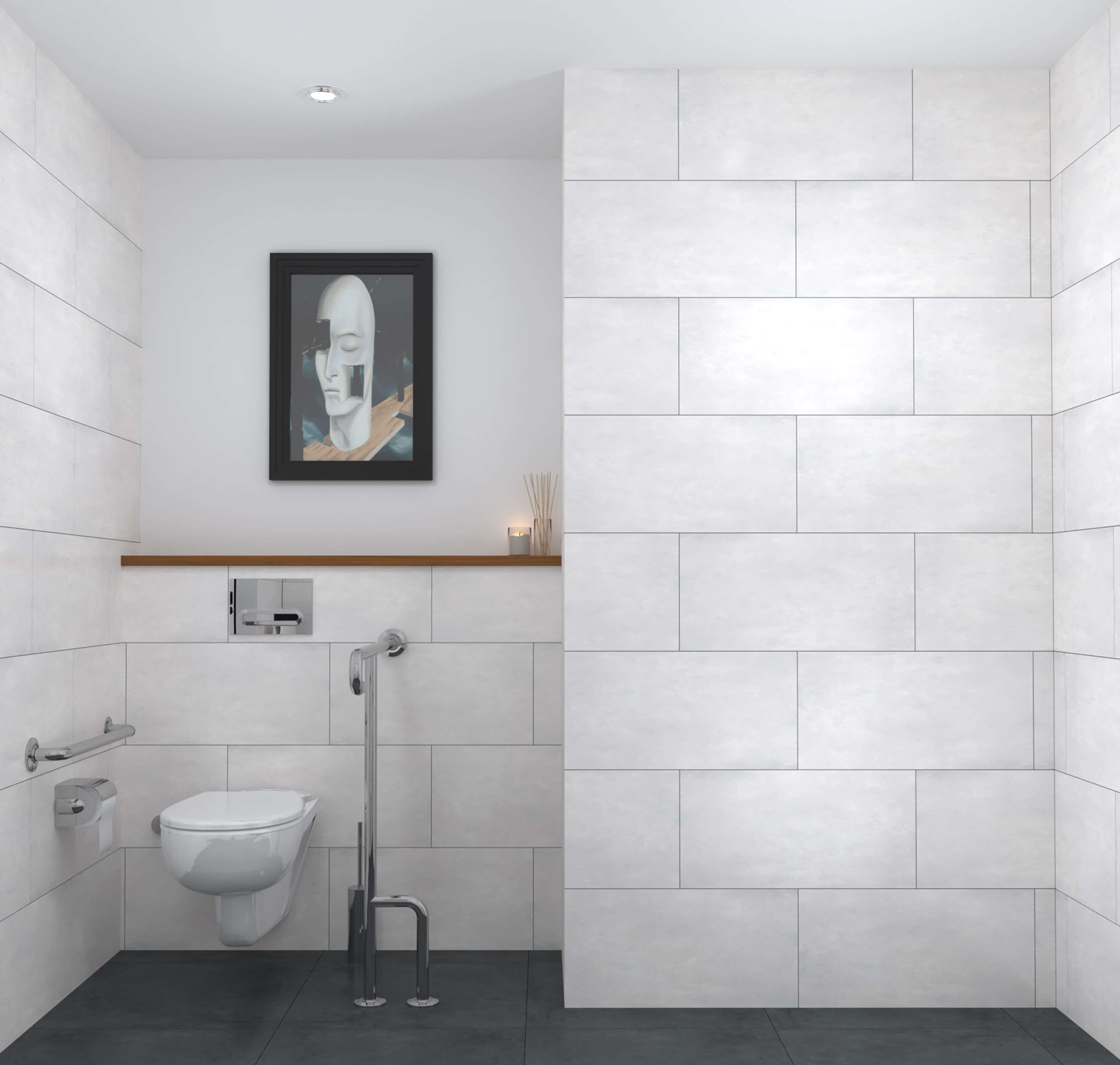 Un baño moderno con azulejos blancos, inodoro, bidé, ducha y una obra de arte enmarcada en la pared.