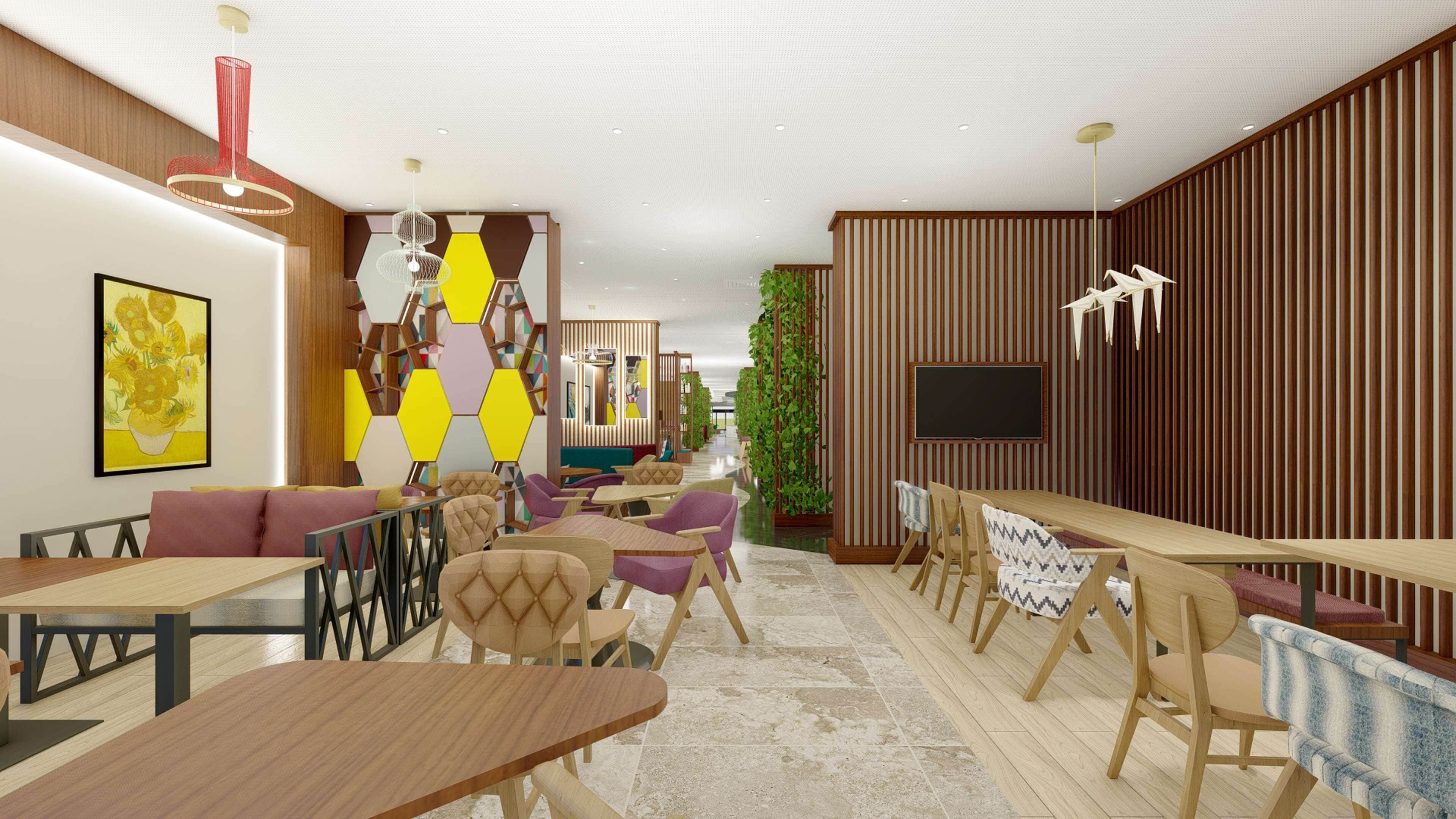 A modern interior with wooden panel walls, a central seating area, and a bar with wooden tables and chairs.