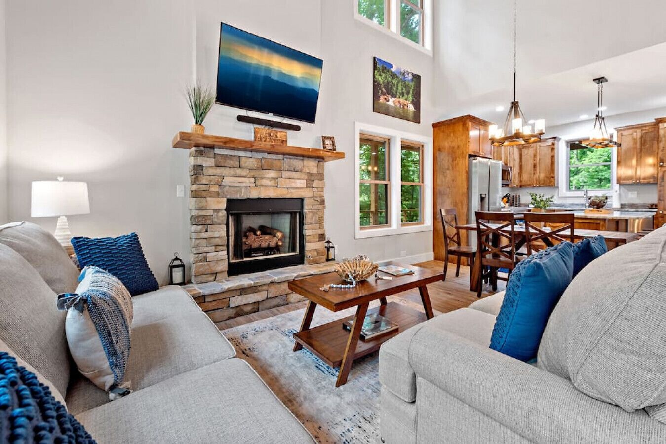 Smart TV, fireplace, books, stereo