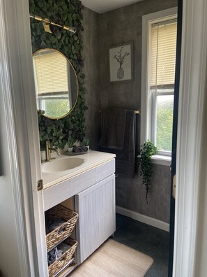Combined shower/bathtub, hair dryer, towels, soap