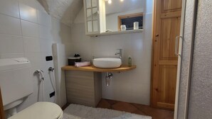 A compact bathroom with a white toilet, a sink with a mirror above, and a shower area. - Luciana house (Saint Christophe)