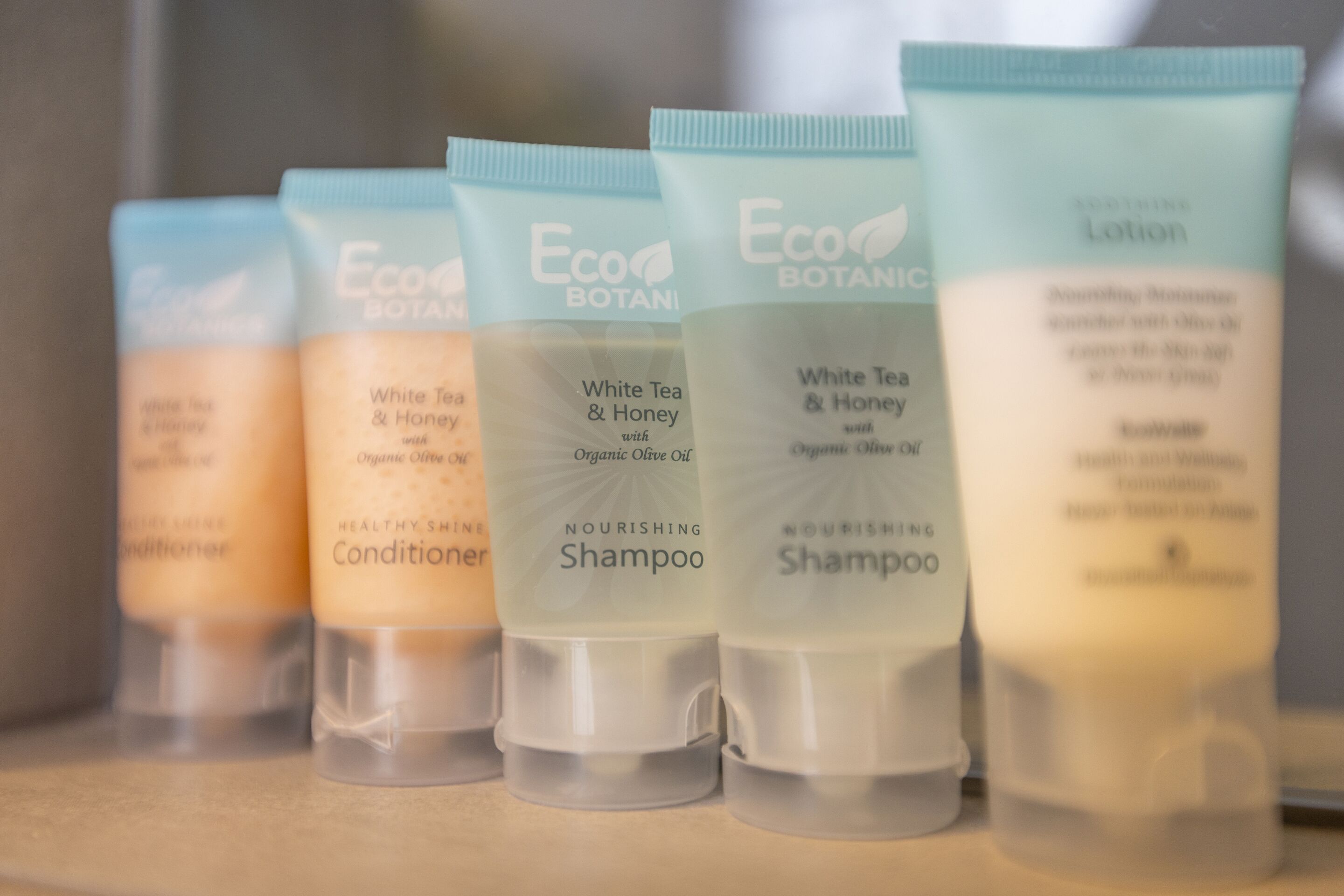 A row of Eco Botanics hair care products on a shelf.
