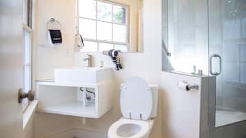 Douche, sèche-cheveux, serviettes fournies, savon