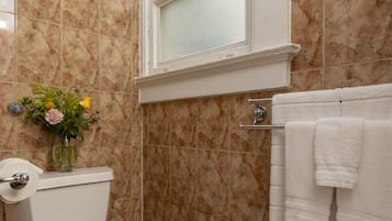 Combined shower/tub, hair dryer, towels, soap