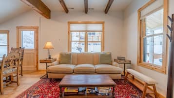 Smart TV, fireplace, books