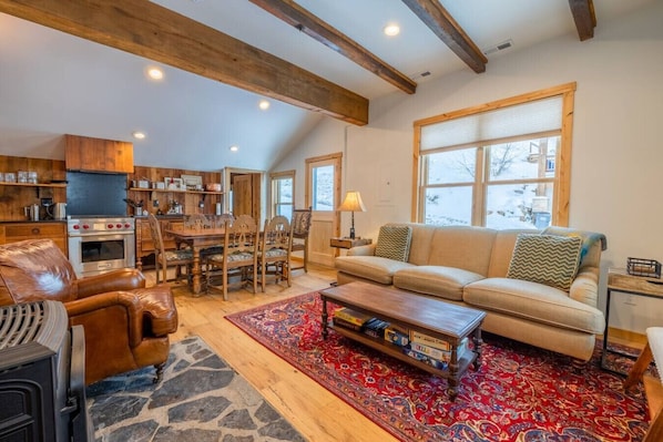 Smart TV, caminetto, libri