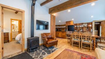 Smart TV, fireplace, books