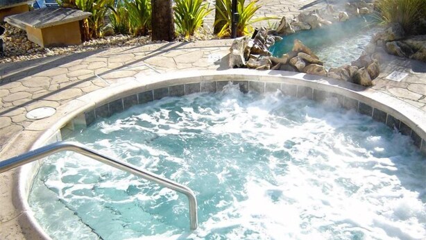A hot tub with a metal railing, surrounded by rocks and plants.