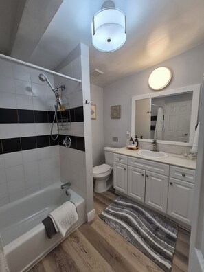 Combined shower/tub, hair dryer, towels, soap