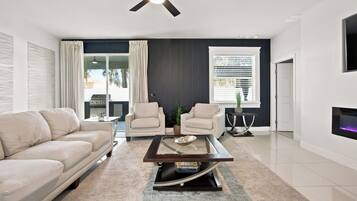 Smart TV, fireplace, books
