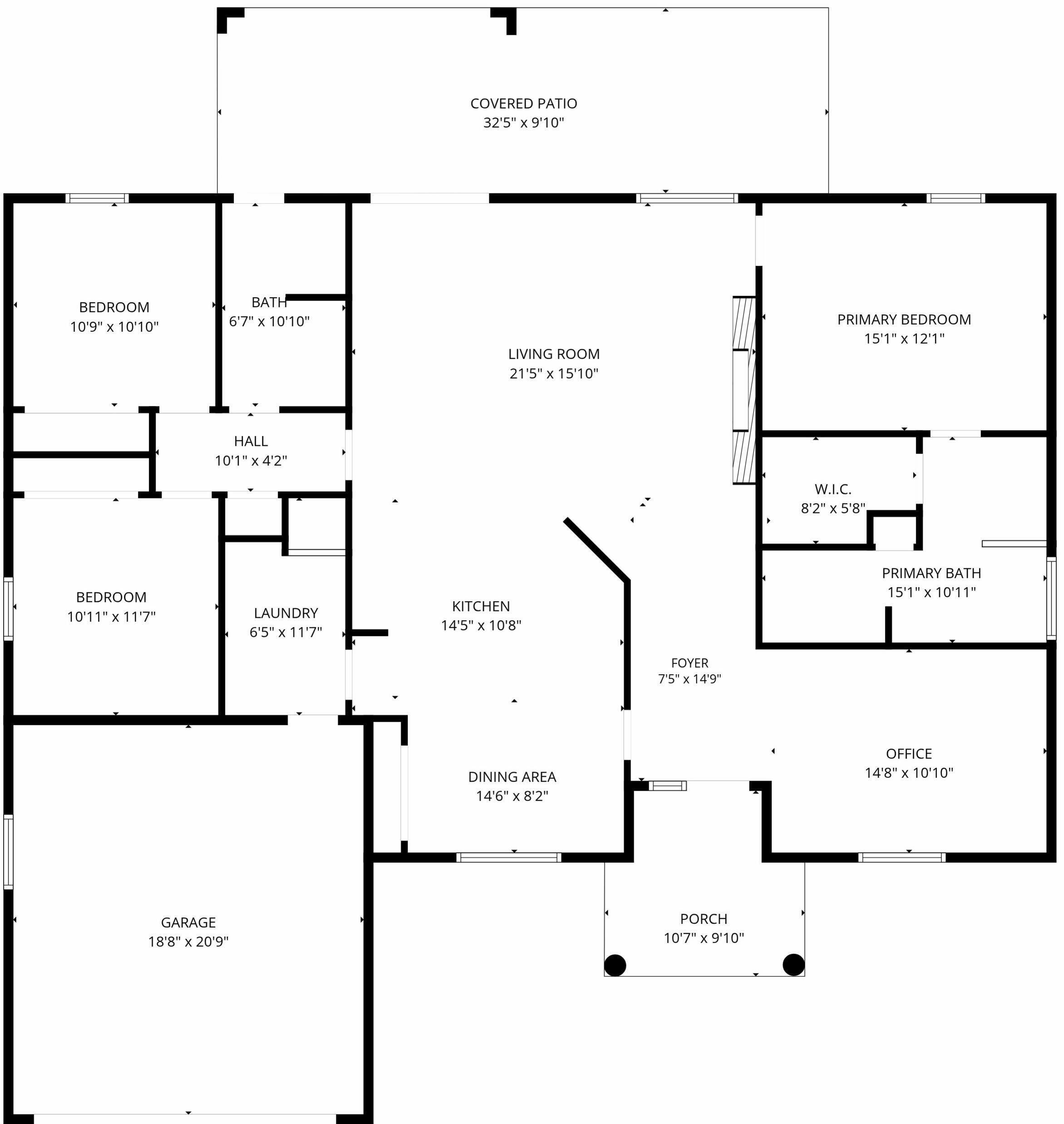 Un plan d’étage comprenant un patio couvert de 32 pieds 5 pouces sur 9 pieds 10 pouces, une chambre principale de 15 pieds 1 pouce sur 12 pieds 1 pouce et un salon de 21 pieds 5 pouces sur 15 pieds 10 pouces.