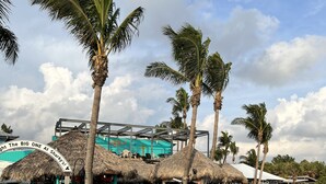 Een restaurant aan het strand met rieten daken, een houten terras en palmbomen.