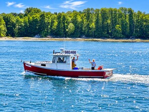 A red and white boat with the number 682466 on its deck, moving on a calm body of water with a forested shoreline in the background.
