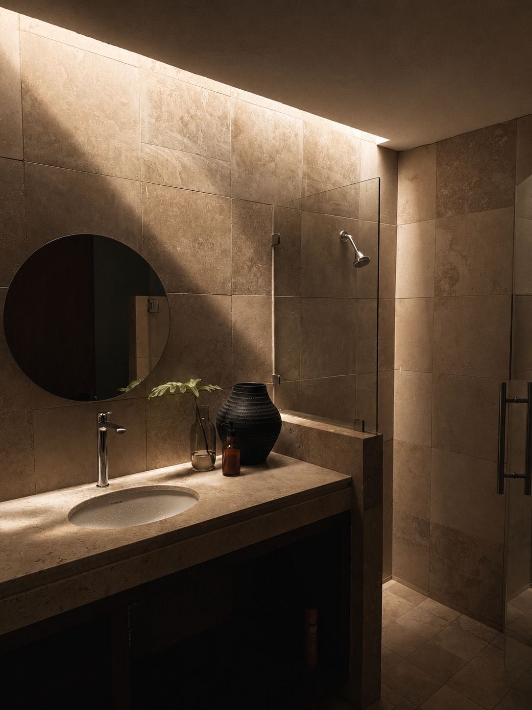 Een moderne badkamer met een ronde spiegel, een wastafel, een douche en een vaas met een plantje.