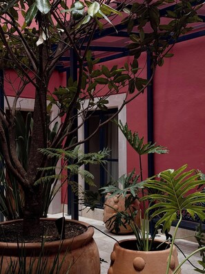 Une cour intérieure agrémentée de plantes en pot, d’un arbre et d’un bâtiment à la façade rouge.