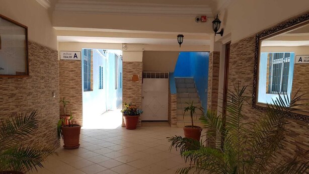 A hallway with tiled flooring, potted plants, and a blue wall. - Nice T3 with terrace - MIXTA residence (Martil)