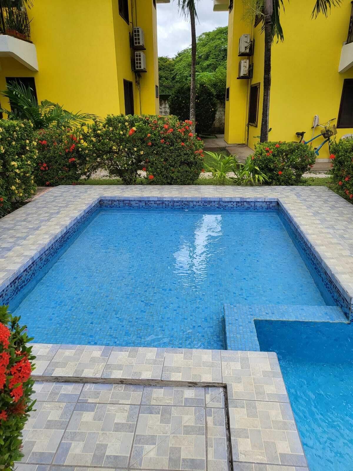 A rectangular swimming pool with blue mosaic tiles, surrounded by a tiled deck and lush greenery.