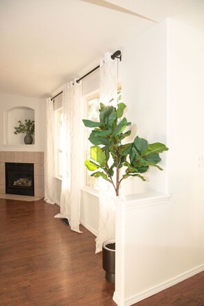 A room with a fireplace, a potted plant, and a window with white curtains. -  Charming Meridian House~ Amazing Location! (Meridian)