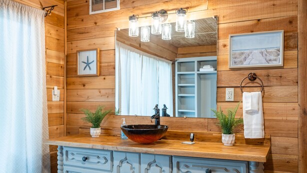 Une salle de bain de style rustique, avec des murs en bois, un grand miroir, un meuble-lavabo en bois et deux plantes en pot.
