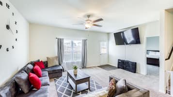 Smart TV, fireplace, foosball