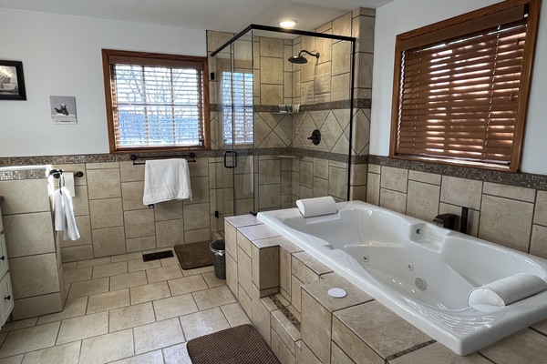 Bañera con ducha, bañera de hidromasaje, secador de pelo, toallas
