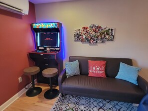 Smart TV, fireplace, video games, foosball