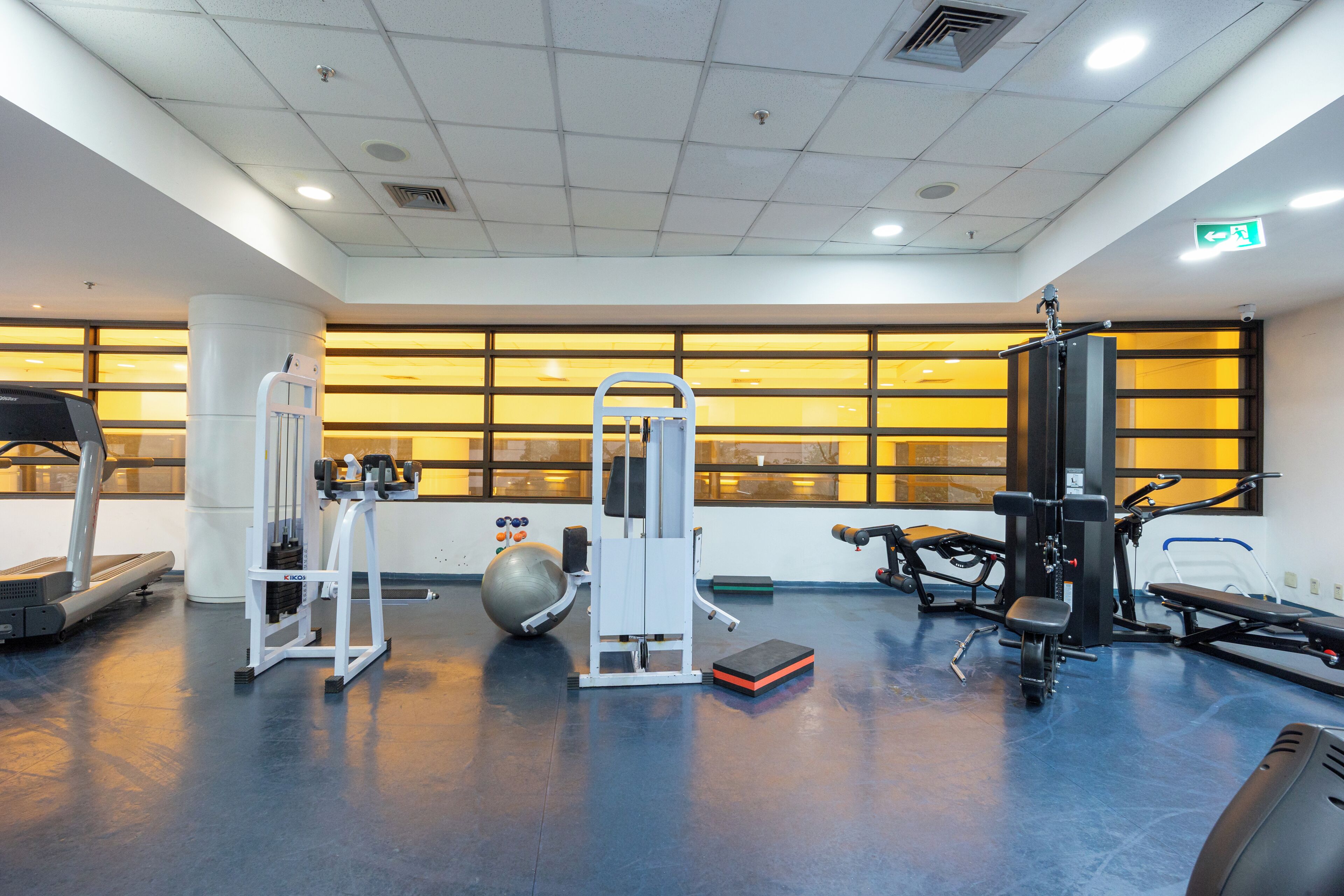 Een sportschool met trainingsapparatuur, een loopband en een groot raam met uitzicht.