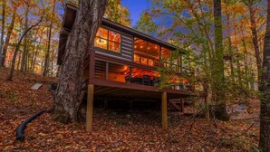 A two-story cabin with a deck, surrounded by trees and autumn leaves. - Boho Bear Cave of Blue Ridge (Blue Ridge)
