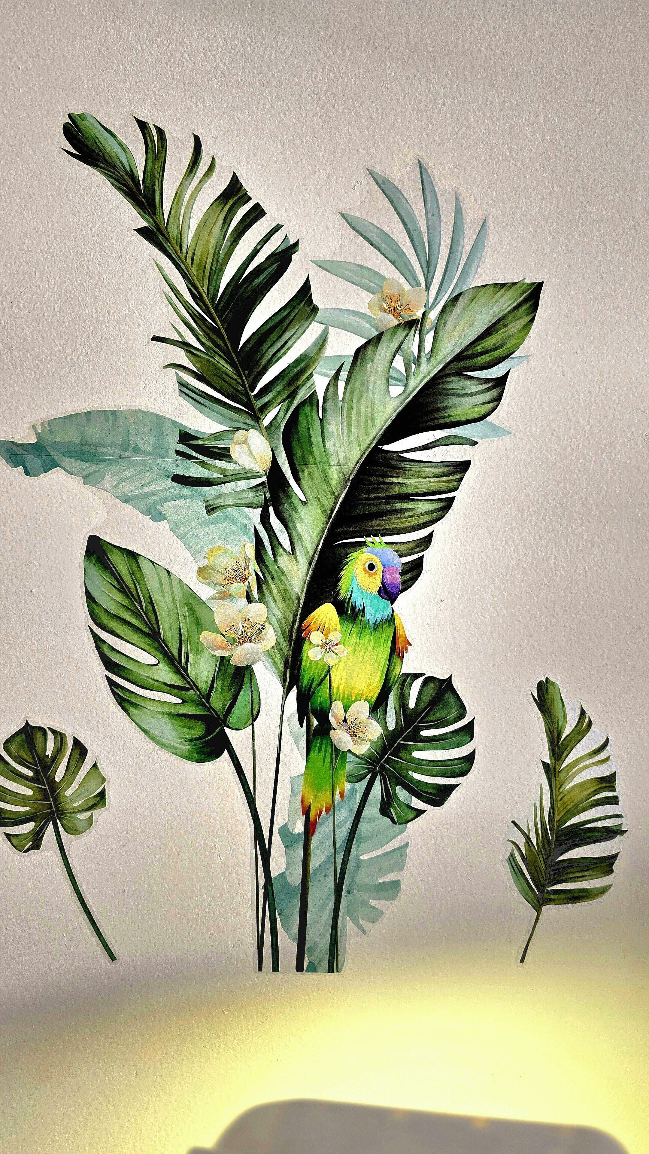 A parrot perched among tropical leaves and flowers.