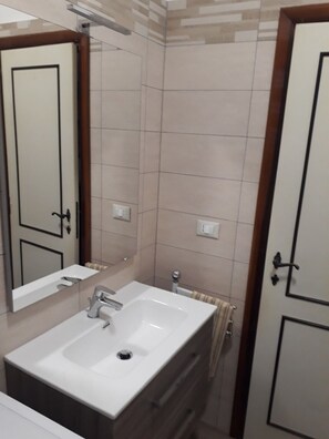 Shower, hair dryer, bidet, towels