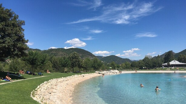 Een helderblauw zwembad omringd door gazon, met mensen die zonnebaden en zwemmen.