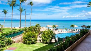 A resort with a pool, palm trees, and a view of the ocean.