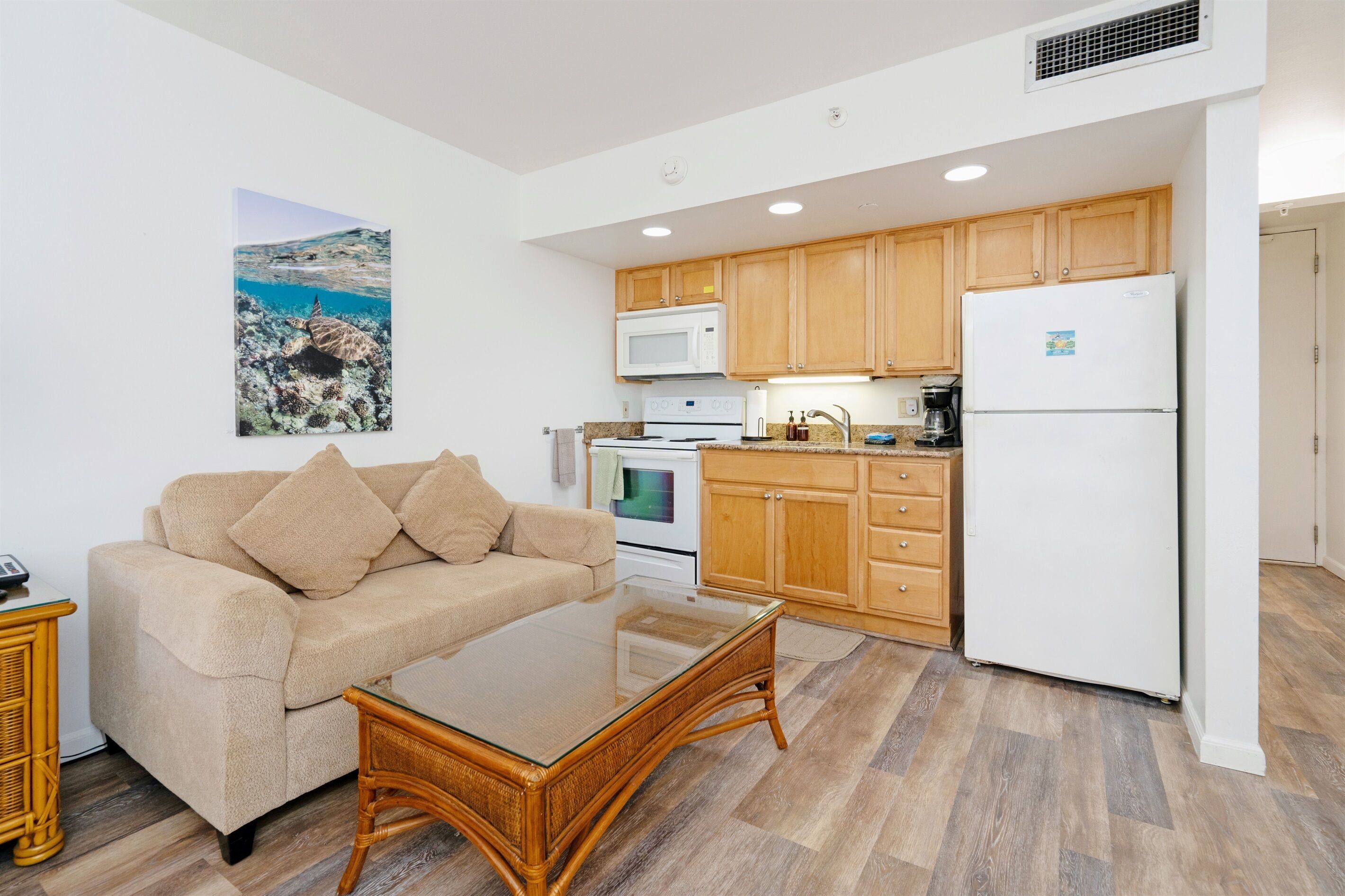 A compact living space with a kitchenette, a sofa with cushions, a glass-top coffee table, and a wall-mounted painting of a turtle on a coral reef.
