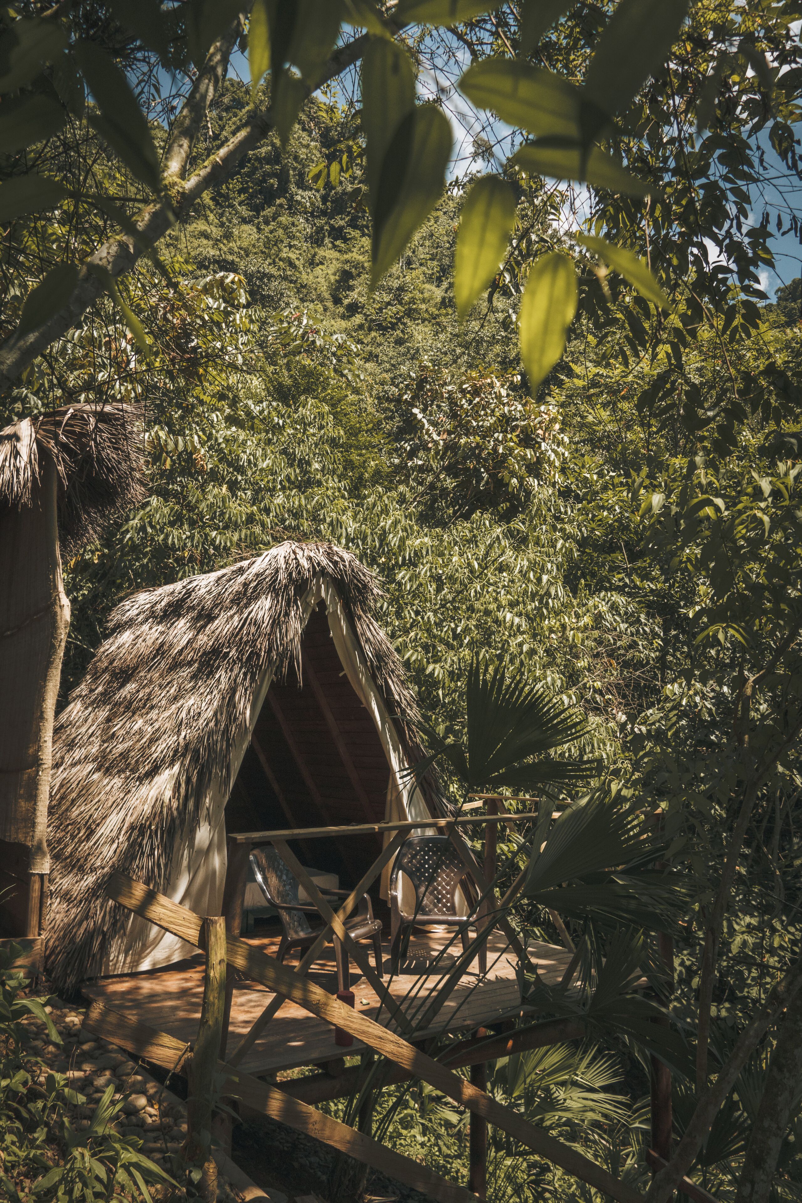 A thatched-roof hut with a wooden deck and chairs, surrounded by dense foliage.