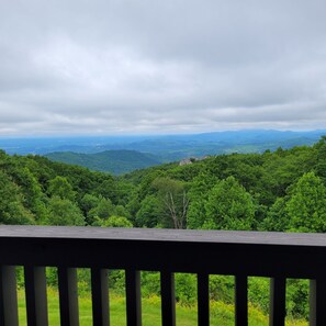A view from a balcony overlooking a lush green landscape with distant mountains and a cloudy sky.
