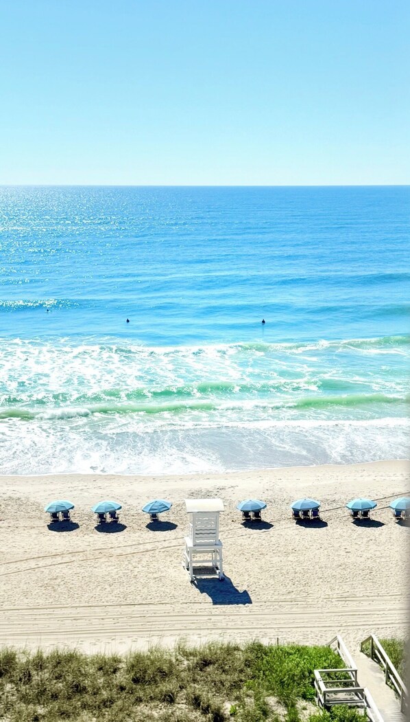 Ein Strand mit einer Reihe von Sonnenschirmen und Liegen, einem Rettungsturm und freiem Blick auf den Ozean.