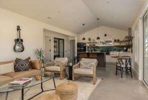 Smart TV, fireplace, books, music library