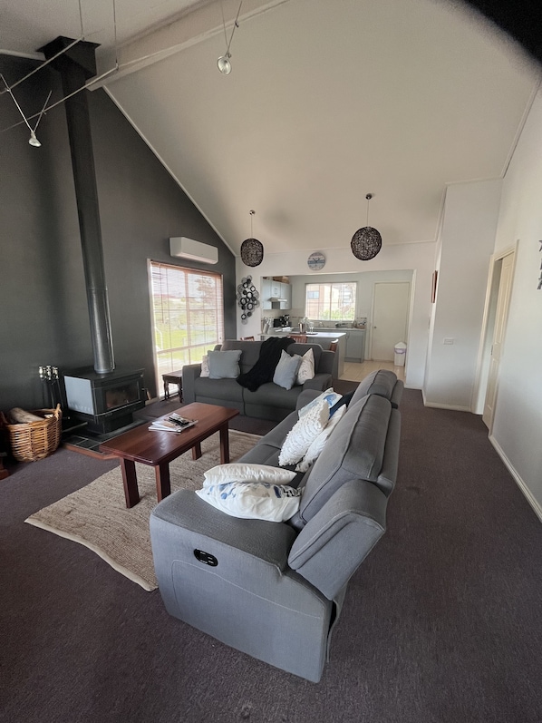TV, fireplace, DVD player, books