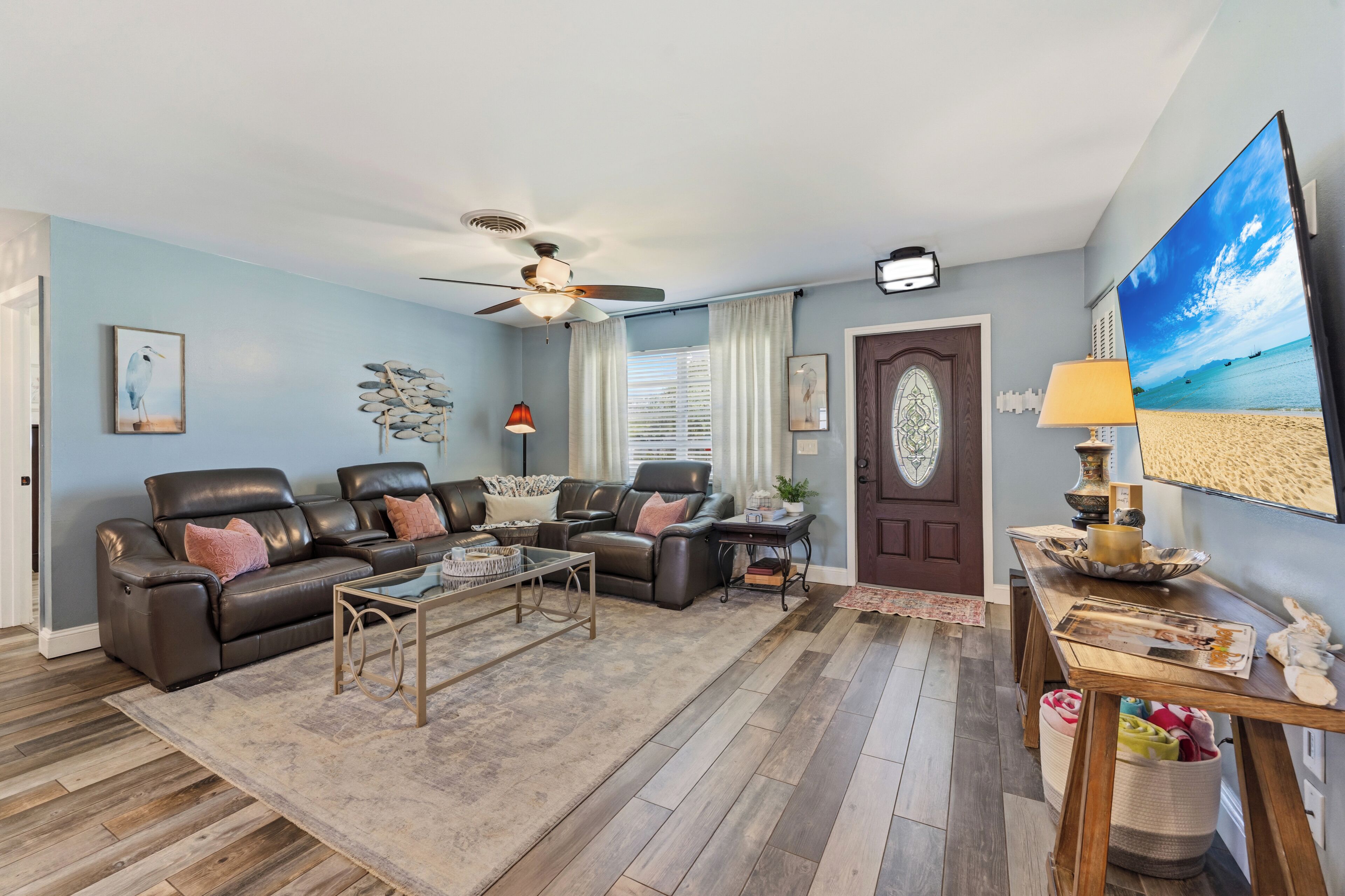 Smart TV, fireplace, DVD player, books