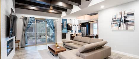 Smart TV, fireplace, stereo, computer monitors